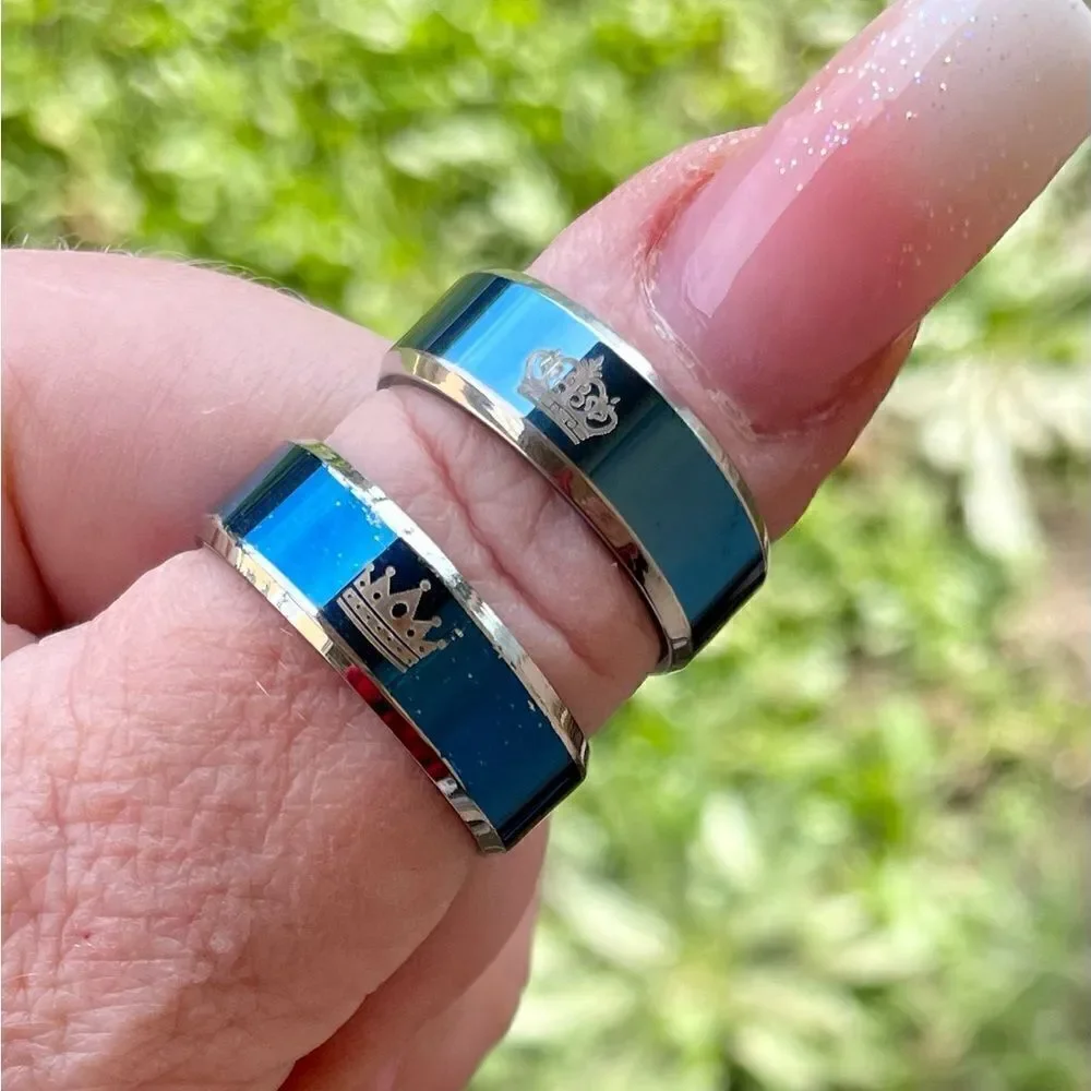 Her King/His Queen - Crown Ring set in Blue l Stainless Steel l New